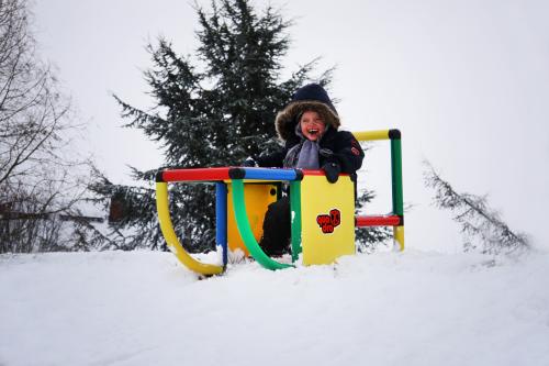 Enfant sur une luge dans la neige